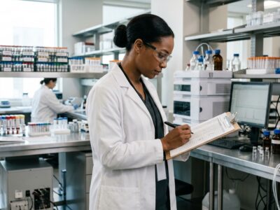 A quality assurance professional reviews ISO 9001 quality management system compliance documentation inside an accredited contract testing laboratory.