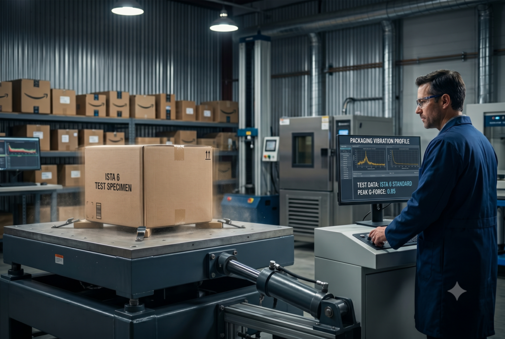 A cinematic B2B laboratory scene of a technician monitoring an automated packaging vibration profile test. A corrugated cardboard box specimen labeled 'ISTA 6' is actively vibrating on an industrial shake table, simulating e-commerce distribution stress. The background shows advanced laboratory equipment.
