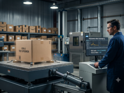 A cinematic B2B laboratory scene of a technician monitoring an automated packaging vibration profile test. A corrugated cardboard box specimen labeled 'ISTA 6' is actively vibrating on an industrial shake table, simulating e-commerce distribution stress. The background shows advanced laboratory equipment.