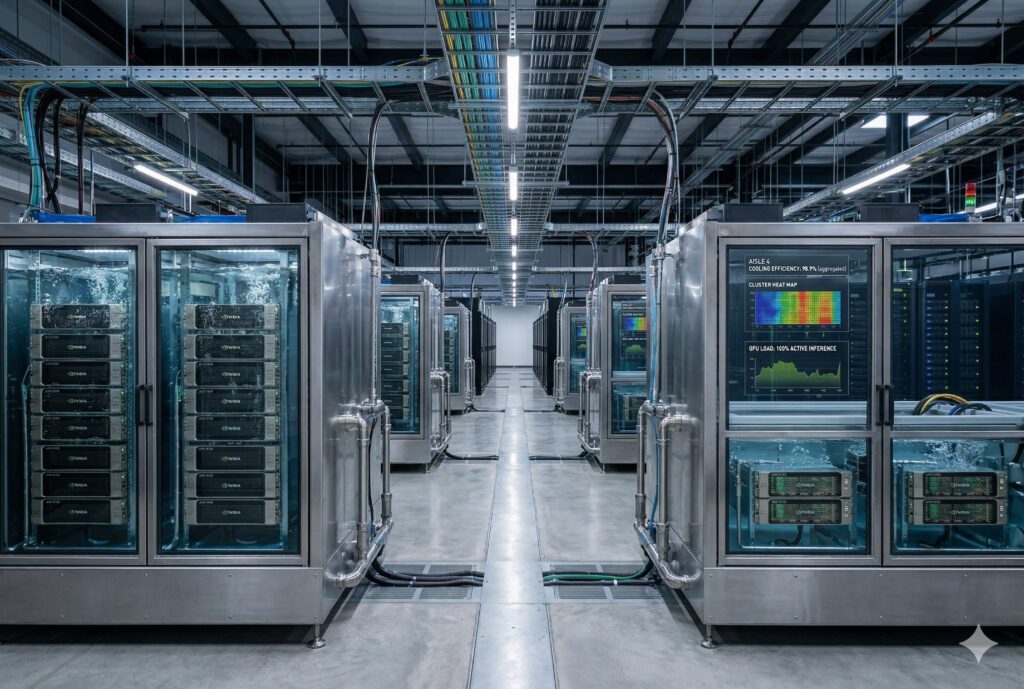 A brightly lit AI data center aisle flanked by liquid immersion cooling tanks. Through the glass panels, server hardware is submerged in bubbling dielectric fluid. A digital display on one tank shows a cluster heat map and 99.1% cooling efficiency.