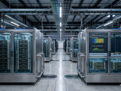 A brightly lit AI data center aisle flanked by liquid immersion cooling tanks. Through the glass panels, server hardware is submerged in bubbling dielectric fluid. A digital display on one tank shows a cluster heat map and 99.1% cooling efficiency.