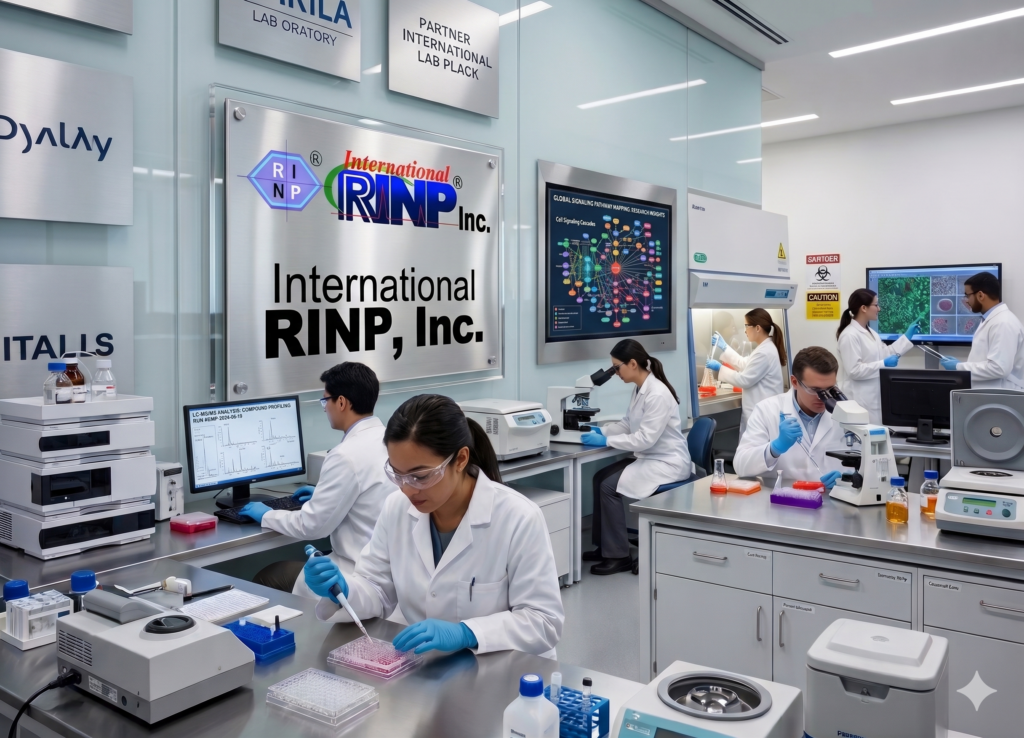 Scientists conducting advanced chemical research in the FDA-registered International RINP analytical testing laboratory, featuring a large digital pathway mapping screen and the company logo.
