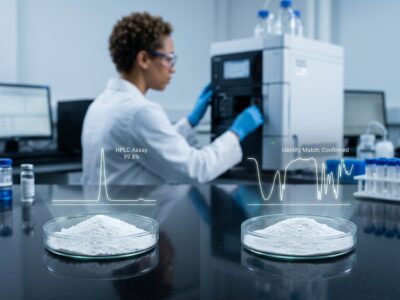 Female analytical chemist preparing pharmaceutical samples in a modern laboratory, featuring a foreground data panel displaying quality control metrics for Ivermectin and Fenbendazole, including HPLC purity, FTIR identity, and XRPD polymorph verification.