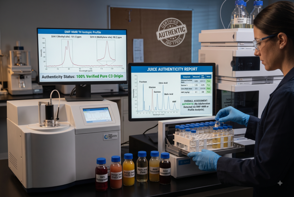 A professional female scientist, wearing a lab coat and blue nitrile gloves, handles an autosampler rack of glass vials in a contract testing laboratory. She is operating a high-end analytical testing station featuring an Agilent HPLC system with autosampler, a benchtop NMR spectrometer, and multiple computer monitors displaying detailed analysis data. A critical stamp on the wall certifies the facility as 'CERTIFIED AUTHENTIC (ISO 17025)'. The monitor on the left shows a 'SNIF-NMR 1H Isotopic Profile' with 'Authenticity Status: 100% Verified Pure C3 Origin,' while the right monitor displays a 'JUICE AUTHENTICITY REPORT' confirming 'OVERALL ASSESSMENT: AUTHENTIC (No Adulteration Detected via SNIF-NMR or Profile Analysis)' with a chromatogram listing key parameters like Fructose and Glucose.