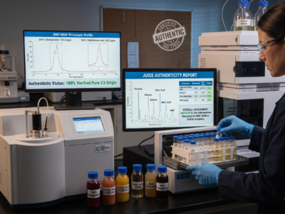 A professional female scientist, wearing a lab coat and blue nitrile gloves, handles an autosampler rack of glass vials in a contract testing laboratory. She is operating a high-end analytical testing station featuring an Agilent HPLC system with autosampler, a benchtop NMR spectrometer, and multiple computer monitors displaying detailed analysis data. A critical stamp on the wall certifies the facility as 'CERTIFIED AUTHENTIC (ISO 17025)'. The monitor on the left shows a 'SNIF-NMR 1H Isotopic Profile' with 'Authenticity Status: 100% Verified Pure C3 Origin,' while the right monitor displays a 'JUICE AUTHENTICITY REPORT' confirming 'OVERALL ASSESSMENT: AUTHENTIC (No Adulteration Detected via SNIF-NMR or Profile Analysis)' with a chromatogram listing key parameters like Fructose and Glucose.