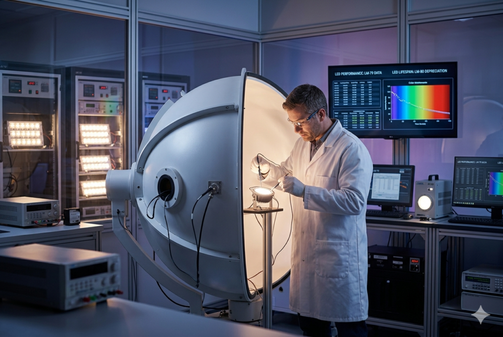A detailed photograph of an engineer in a high-tech laboratory adjusting an LED fixture inside a large goniophotometer system. Background monitors explicitly display data charts for 'LED PERFORMANCE: LM-79 DATA' and 'LED LIFESPAN: LM-80 DEPRECIATION,' illustrating the compliance standards. Burn-in racks with glowing LEDs are visible in the background.