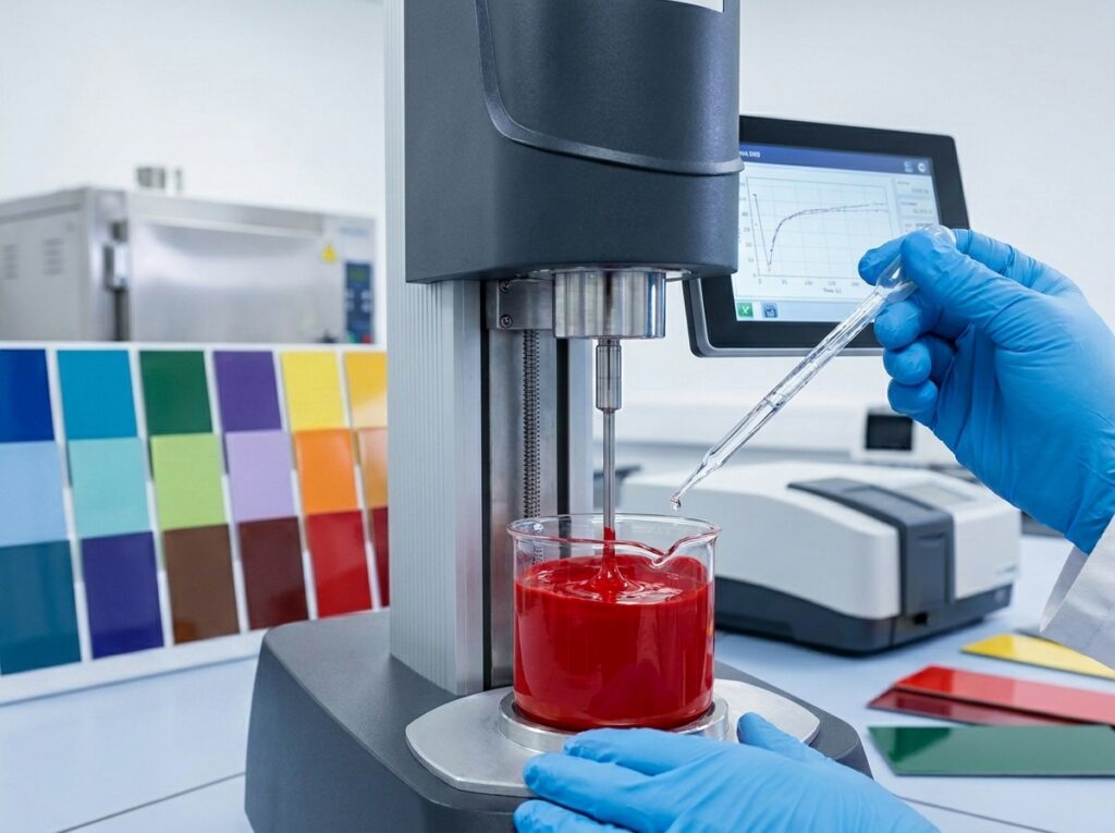 Here is an alt text description for the image: "A close-up view in a laboratory where a technician wearing blue nitrile gloves uses a glass pipette to dispense a drop of clear liquid into a glass beaker filled with bright red paint. The beaker is positioned on a rotational rheometer, with its spindle submerged in the paint to measure viscosity. A digital screen on the instrument displays a data graph, and various color sample swatches are visible in the background alongside other testing equipment."