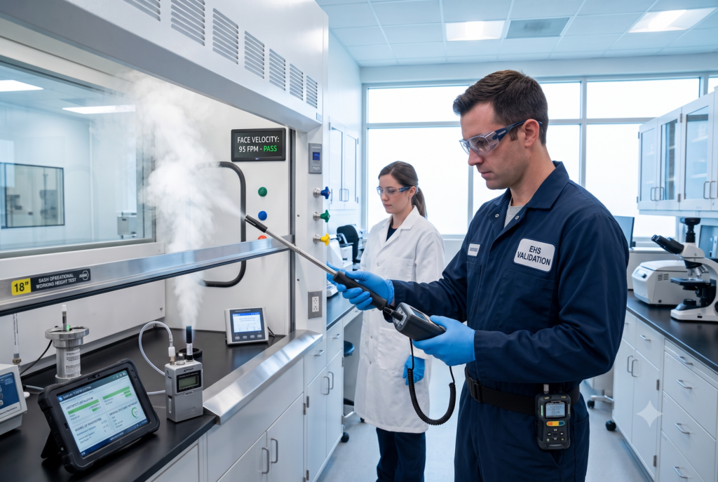 A photograph in a modern laboratory showing a certified EHS validation technician conducting a chemical fume hood performance test. The technician, in blue uniform and safety glasses, uses a handheld velocity probe to take a spot reading at the sash opening, while the integrated display on the hood confirms a passing result of 'FACE VELOCITY: 95 FPM - PASS'.