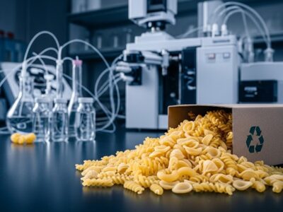 pastaspilling out of a cardboard box on a lab bench illustrating the importance of MOSH andMOAH testing