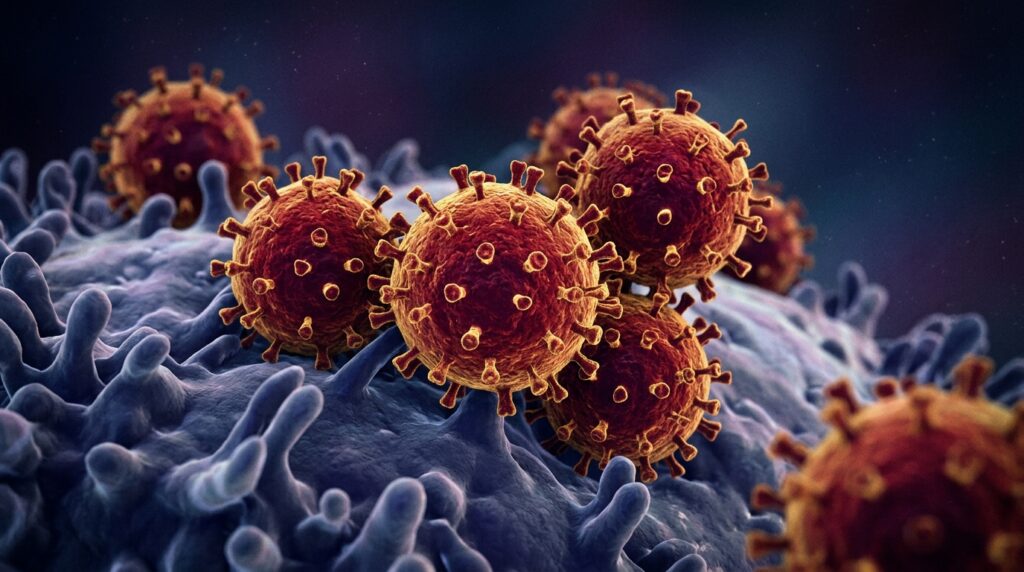 Illustration of multiple red measels virus particles