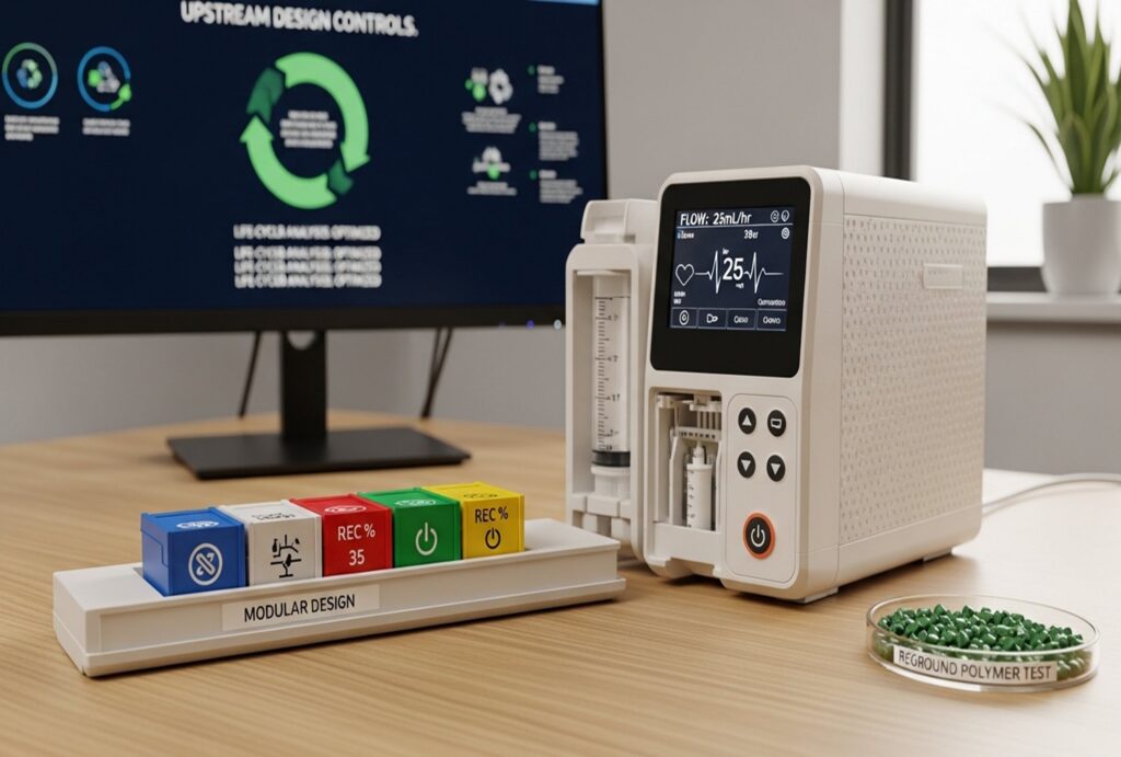 A modular medical syringe pump made from sustainable materials with its color-coded component tray removed, sitting next to a dish of reground polymer test pellets in front of a monitor displaying life-cycle analysis data.