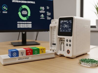 A modular medical syringe pump made from sustainable materials with its color-coded component tray removed, sitting next to a dish of reground polymer test pellets in front of a monitor displaying life-cycle analysis data.