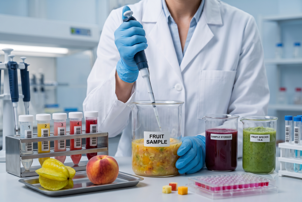 A scientist in a food science lab uses a micropipette to test a "FRUIT SAMPLE" pulp beaker next to star fruit, peaches, and barcode-labeled test tubes for quality control analysis.