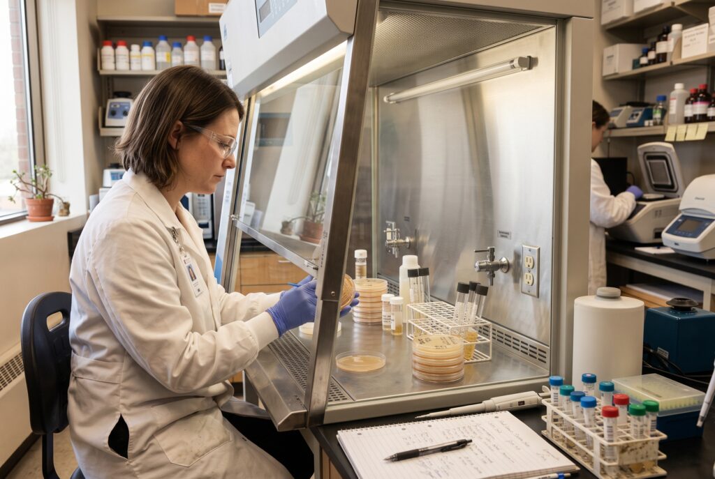 Female microbiologist wearing safety glasses and gloves inspecting an agar plate inside a Class II biological safety cabinet with a lowered glass sash in a busy, working contract microbiology lab.