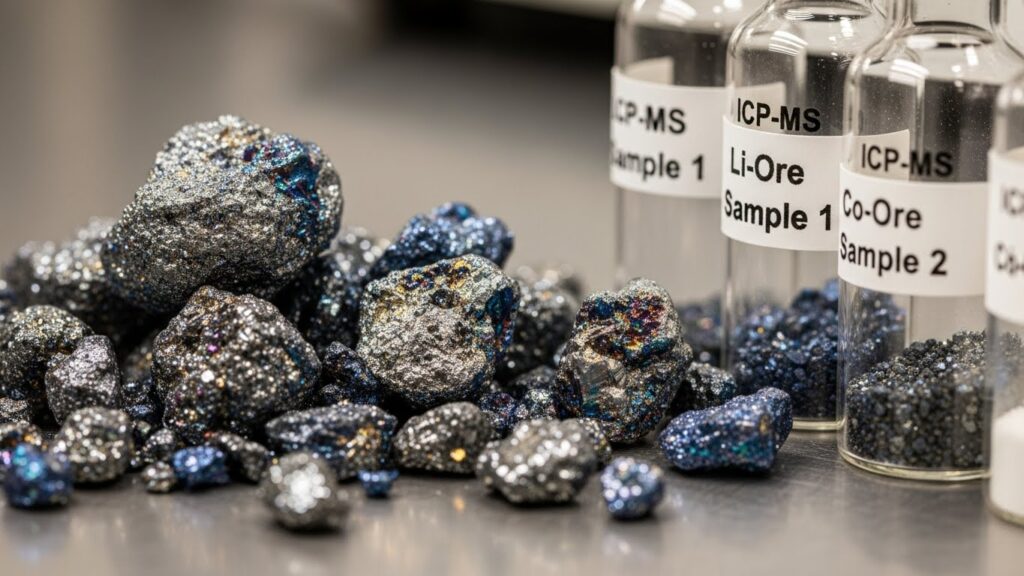 Crushed lithium and cobalt ores in ICP-MS vials in a testing lab setting.