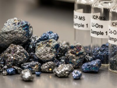 Crushed lithium and cobalt ores in ICP-MS vials in a testing lab setting.