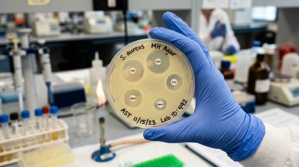 gloved hand holding a Petri dish with Mueller-Hinton agar