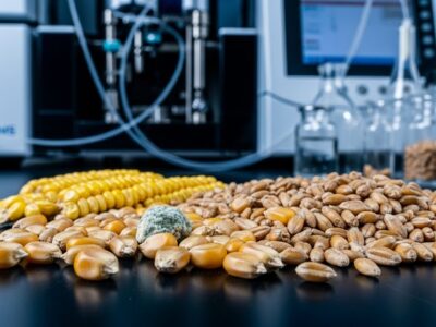 various grain products on a laboratory bench preparing for mycotoxin screening