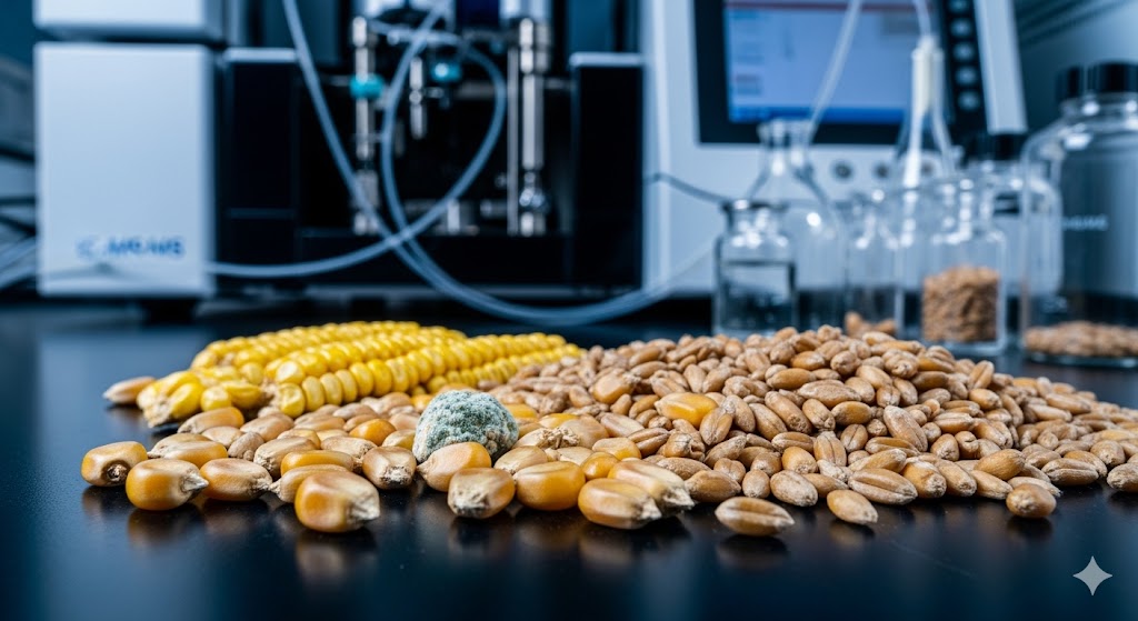 various grain products on a laboratory bench preparing for mycotoxin screening