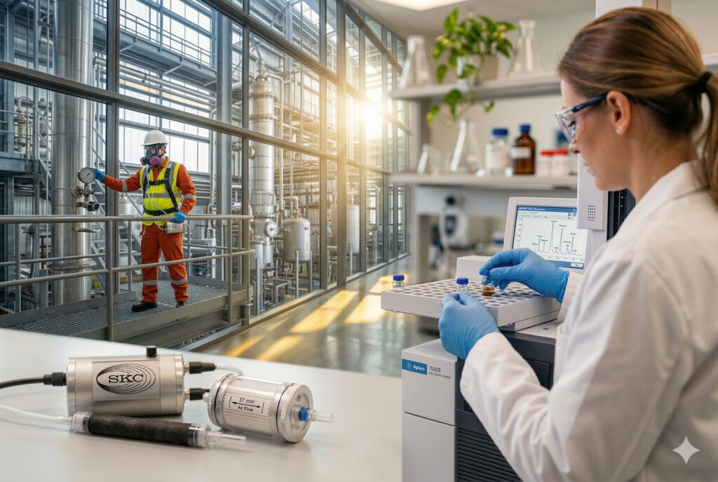 A composite image illustrating the NIOSH testing process. The left side shows an industrial worker in safety gear conducting field sampling in a factory. The right side shows a laboratory scientist preparing sample vials for GC-MS analysis. Industrial hygiene air sampling equipment, including a pump and sorbent tube, is displayed in the foreground.