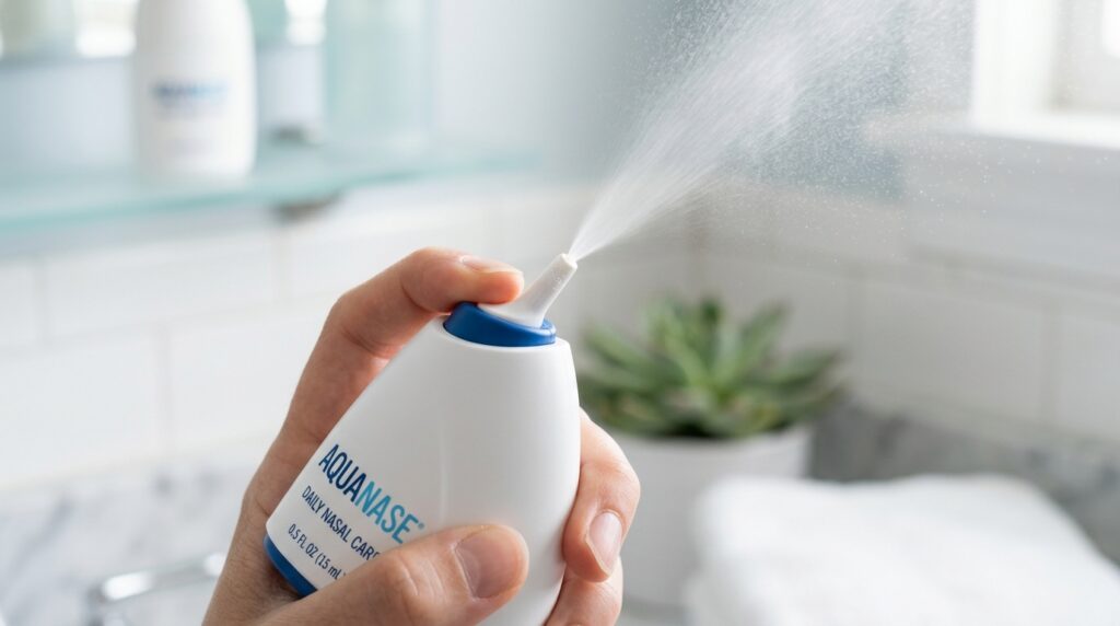 hand holding and spraying a container of nasal spray. Nasal spray testing helps to ensure device performance and safety.