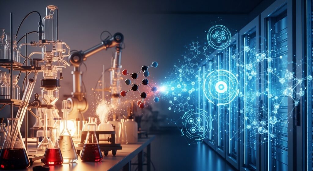 A visual metaphor for AI-enabled drug discovery, showing physical laboratory robotics and glassware blending with digital data streams and neural networks to synthesize a new molecule.
