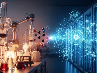 A visual metaphor for AI-enabled drug discovery, showing physical laboratory robotics and glassware blending with digital data streams and neural networks to synthesize a new molecule.