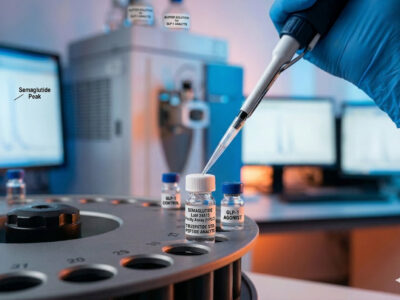 A gloved scientist uses a micropipette to prepare a sample vial labeled for Semaglutide and Tirzepatide purity testing in an analytical laboratory, with an HPLC chromatogram visible in the background.