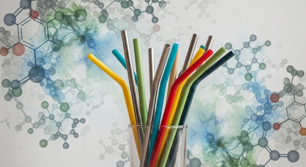 plastic drinking straws in a glass with an artful background showing molecuar PFAS structures