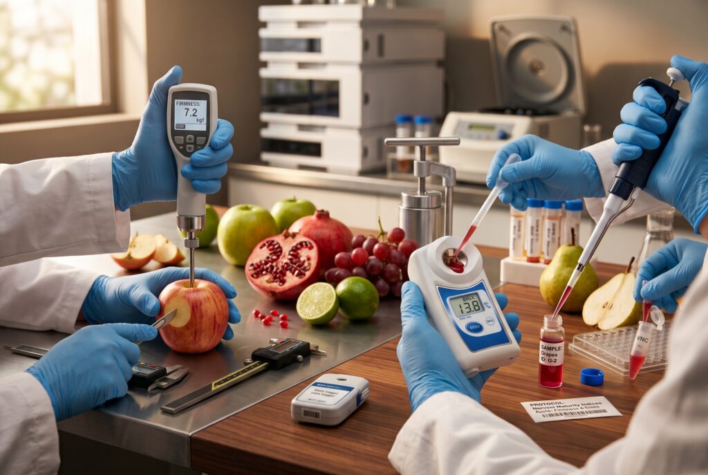 Researchers perform fruit firmness and Brix (sugar) analysis in an agricultural testing lab.