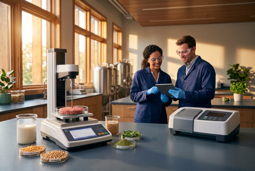 Two food scientists in a modern R&D lab reviewing data on a tablet, while a digital texture analyzer tests a raw plant-based burger patty in a glass petri dish alongside samples of oat milk, soybeans, and pea protein.
