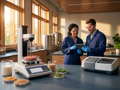 Two food scientists in a modern R&D lab reviewing data on a tablet, while a digital texture analyzer tests a raw plant-based burger patty in a glass petri dish alongside samples of oat milk, soybeans, and pea protein.