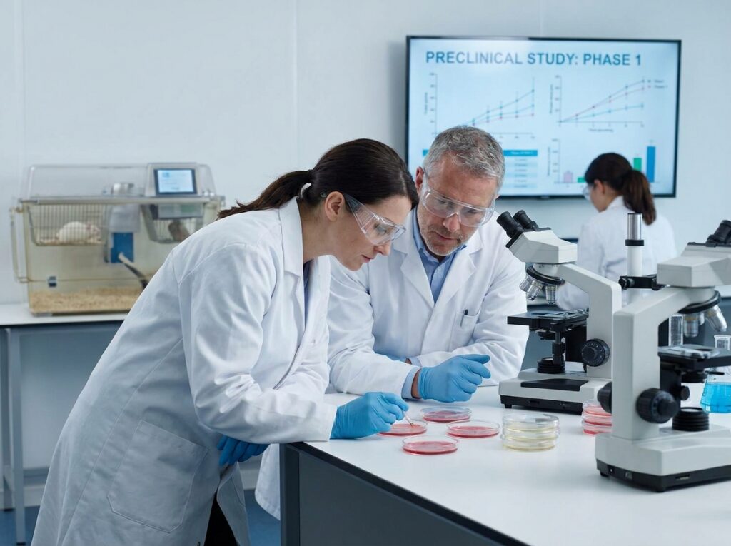 A female and a male scientist study petriplates on a lab bench with a microscope, and are surrounded by more researchers and an animal testing unit.