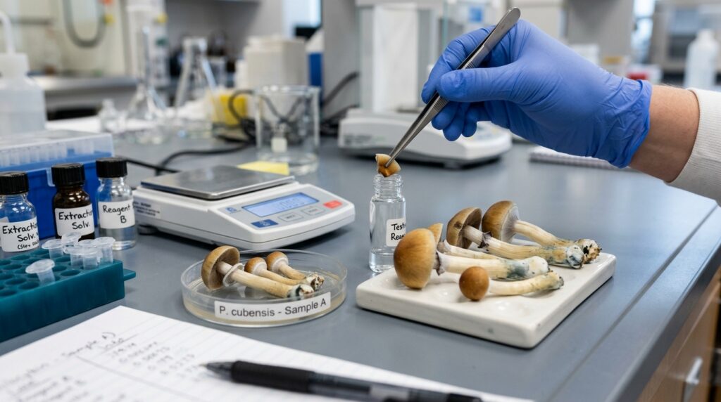 magic mushrooms on a laboraoty bench undergoing psilocybin potency testing