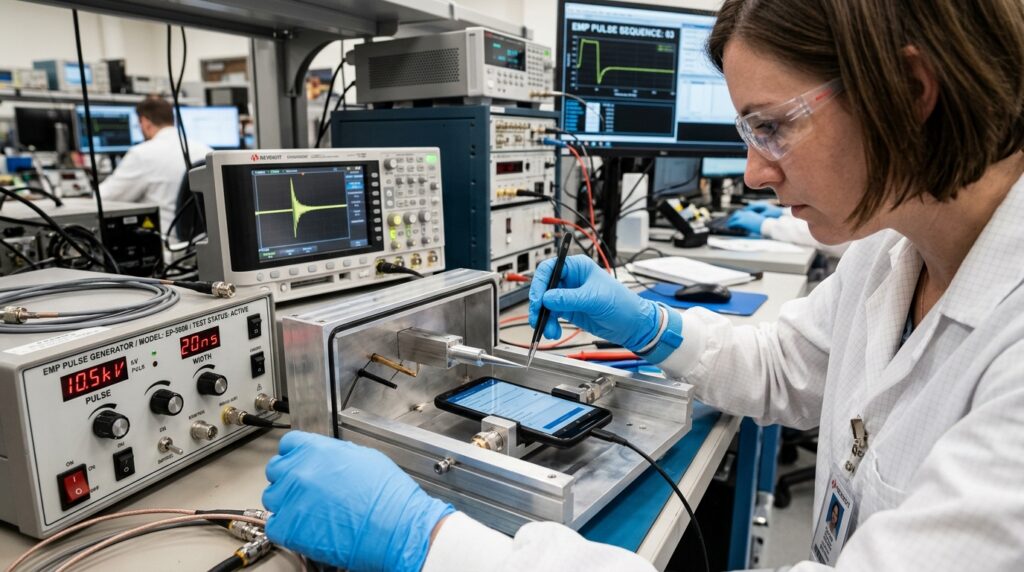 a lab technician performing RF and EMF testing on a cell phone in a modern electrical testing lab