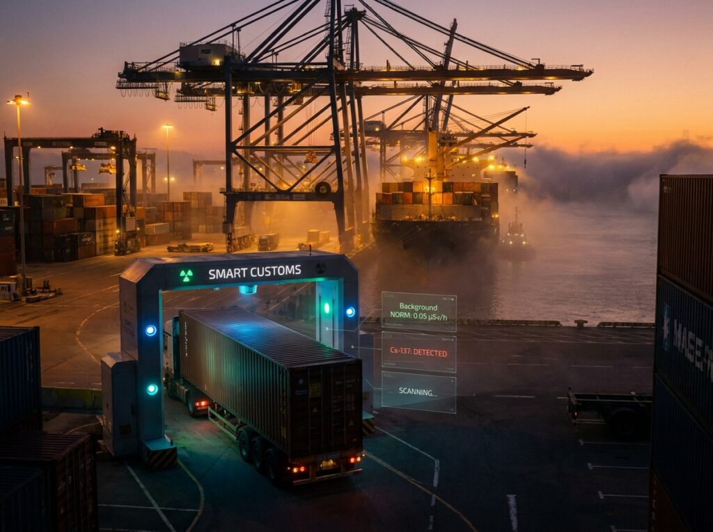 A modern Smart Customs radiation portal monitor scanning a shipping container on a transport truck at an international shipping port at dusk.