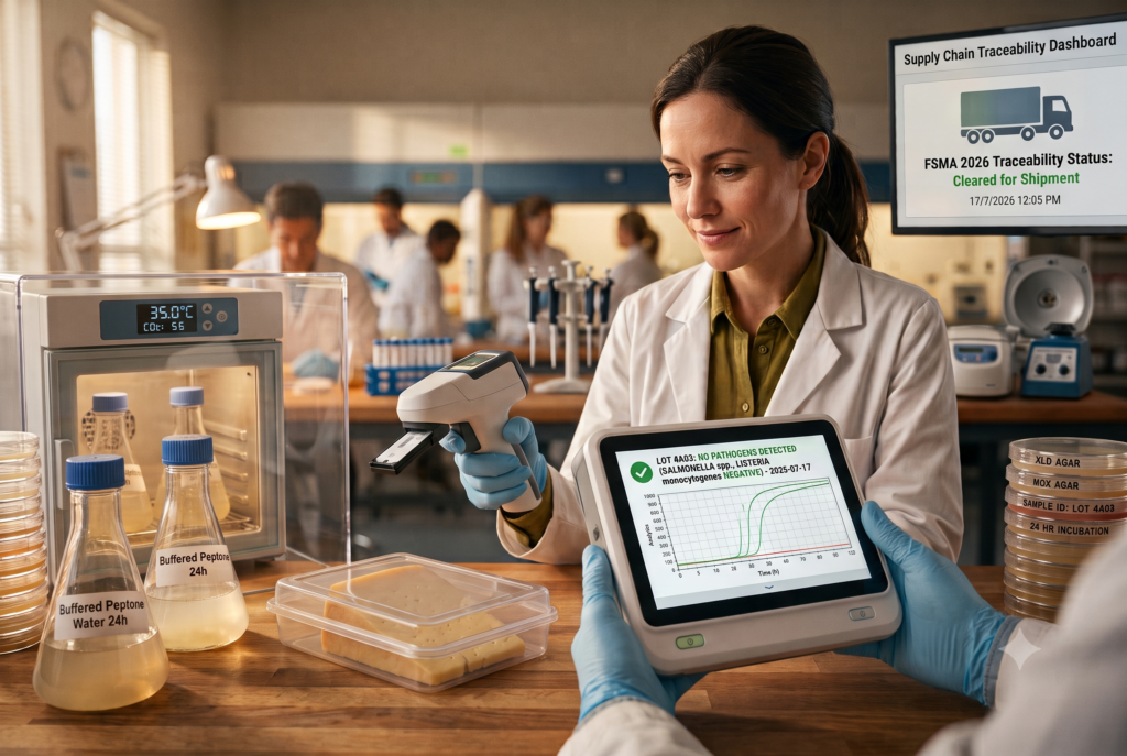 A female food safety inspector in a white lab coat and a blue nitrile glove points at a tablet displaying inspection data, graphs, and a checklist while standing in a clean commercial kitchen with stainless steel appliances.