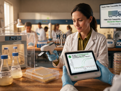 A female food safety inspector in a white lab coat and a blue nitrile glove points at a tablet displaying inspection data, graphs, and a checklist while standing in a clean commercial kitchen with stainless steel appliances.