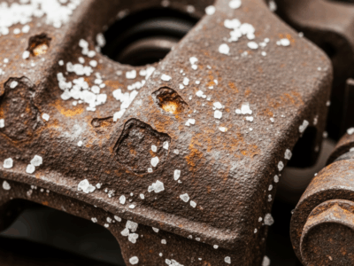 A close-up image of a metal part (e.g., automotive underbody, bolt, bracket, or coated panel) showing early corrosion, salt crystals, or pitting damage.