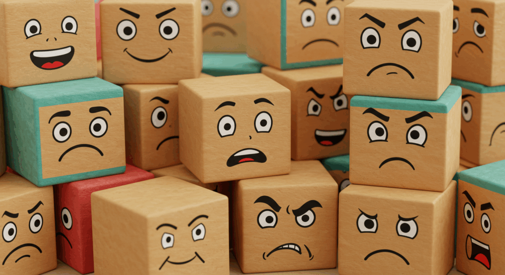 image of building blocks with different faces on them representing different emotional states