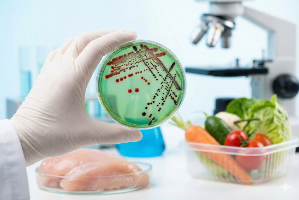 A gloved hand showing Salmonella colonies growing on XLD agar plates during culture confirmation against a background of various food items.