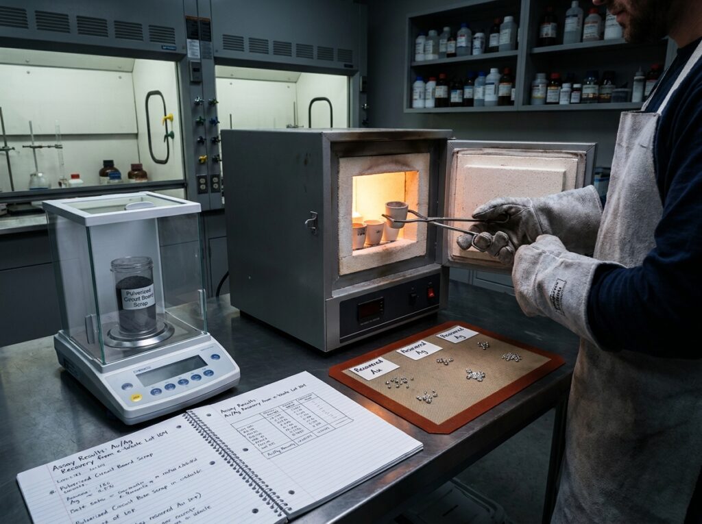 A lab technician (with heat-resistant gloves) near a muffle furnace. They are placing small crucibles or examining small, shiny beads of recovered gold and silver that have been separated during a fire assay (cupellation) process.
