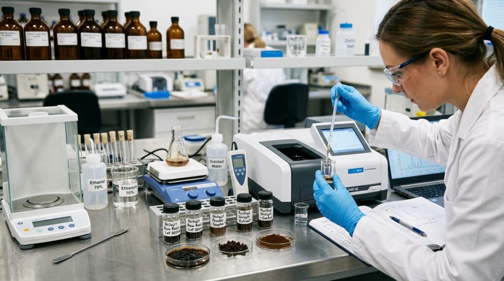 Laboratory technician performing testing on samples of shilajit