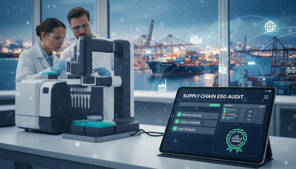 Laboratory verification of ESG compliance showing a supply chain audit dashboard, automated testing equipment, and a digital logistics network map.