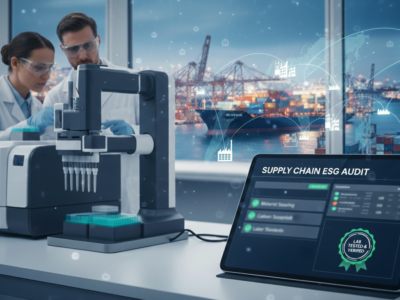 Laboratory verification of ESG compliance showing a supply chain audit dashboard, automated testing equipment, and a digital logistics network map.