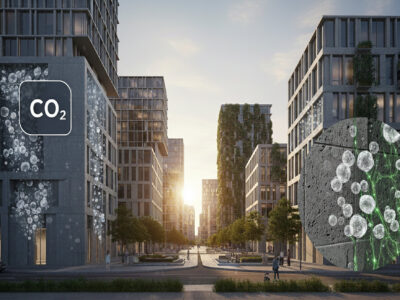 A sustainable city block at sunset, featuring sleek modern buildings with large concrete facades. A magnified conceptual overlay on one wall section reveals the microscopic carbon mineralization process.