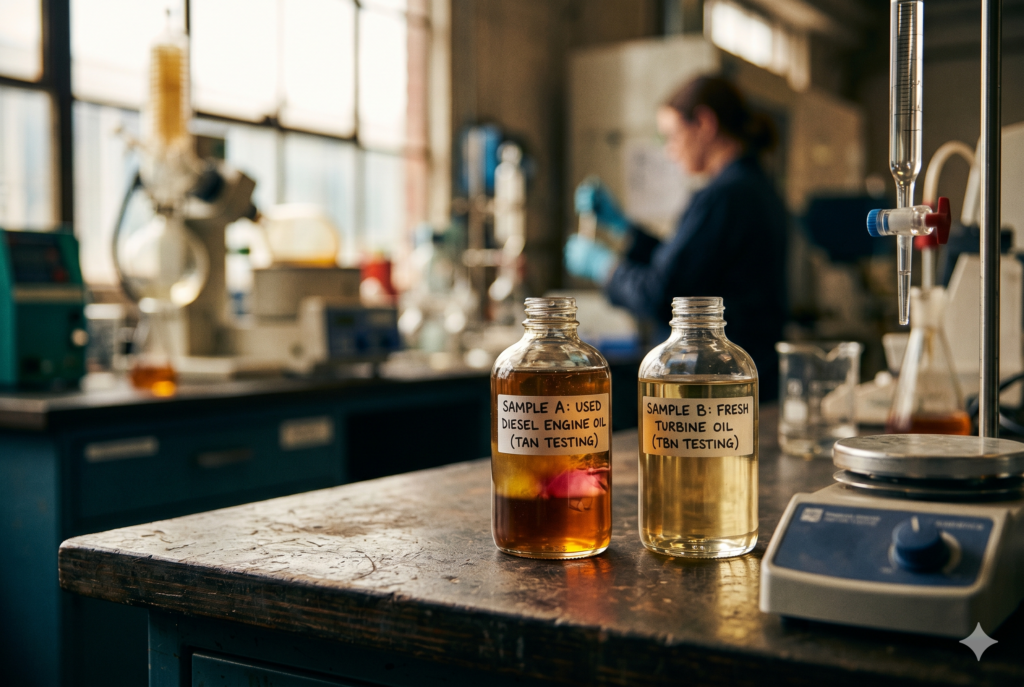 Two glass sample bottles sit on a laboratory workbench comparing dark, used diesel engine oil prepared for Total Acid Number (TAN) testing, and clear, fresh turbine oil for Total Base Number (TBN) testing. A lab technician works in the blurred background.