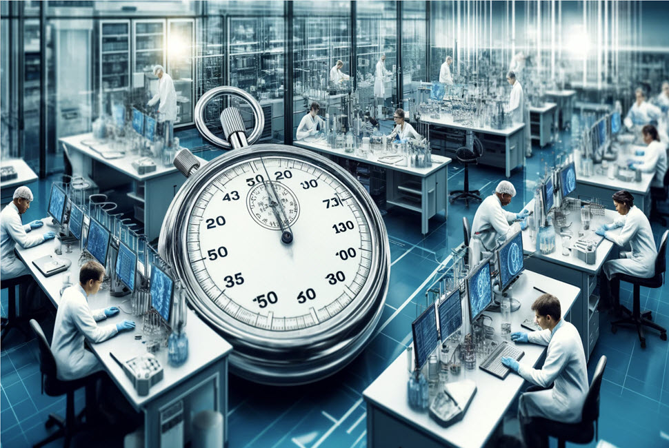 Illustration of a clinical testing lab with a large stopwatch superimposed ever the scene.