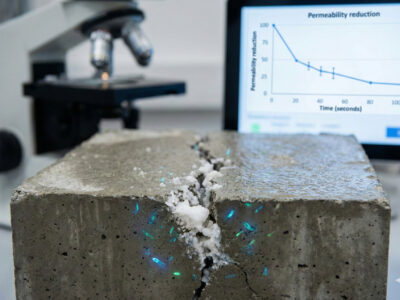 Close-up of a self-healing concrete specimen in a laboratory setting, focusing on a central crack filled with white calcium carbonate crystals, accented by artistic blue and green glowing highlights to represent the microbial activity.
