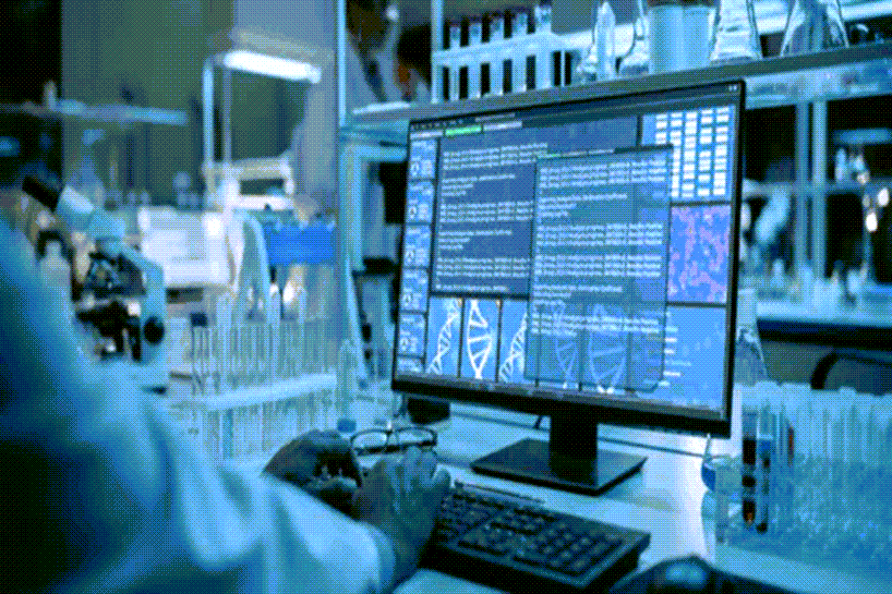 Researcher typing an input to the computer looking at the monitor.